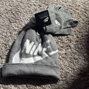 Nike Gray Knit Beanie and Gloves Set
